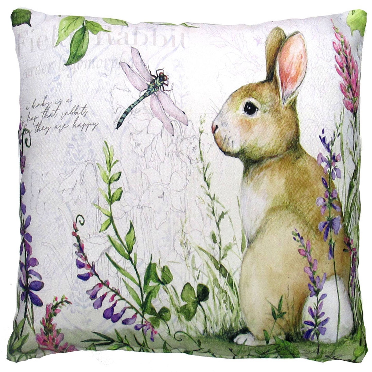 Decorative pillow with a rabbit and floral design on a white background