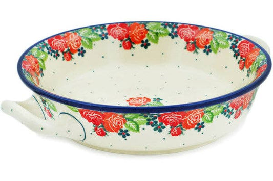 Polish Pottery Round Baker with Handles Medium In The Rose Garden Theme