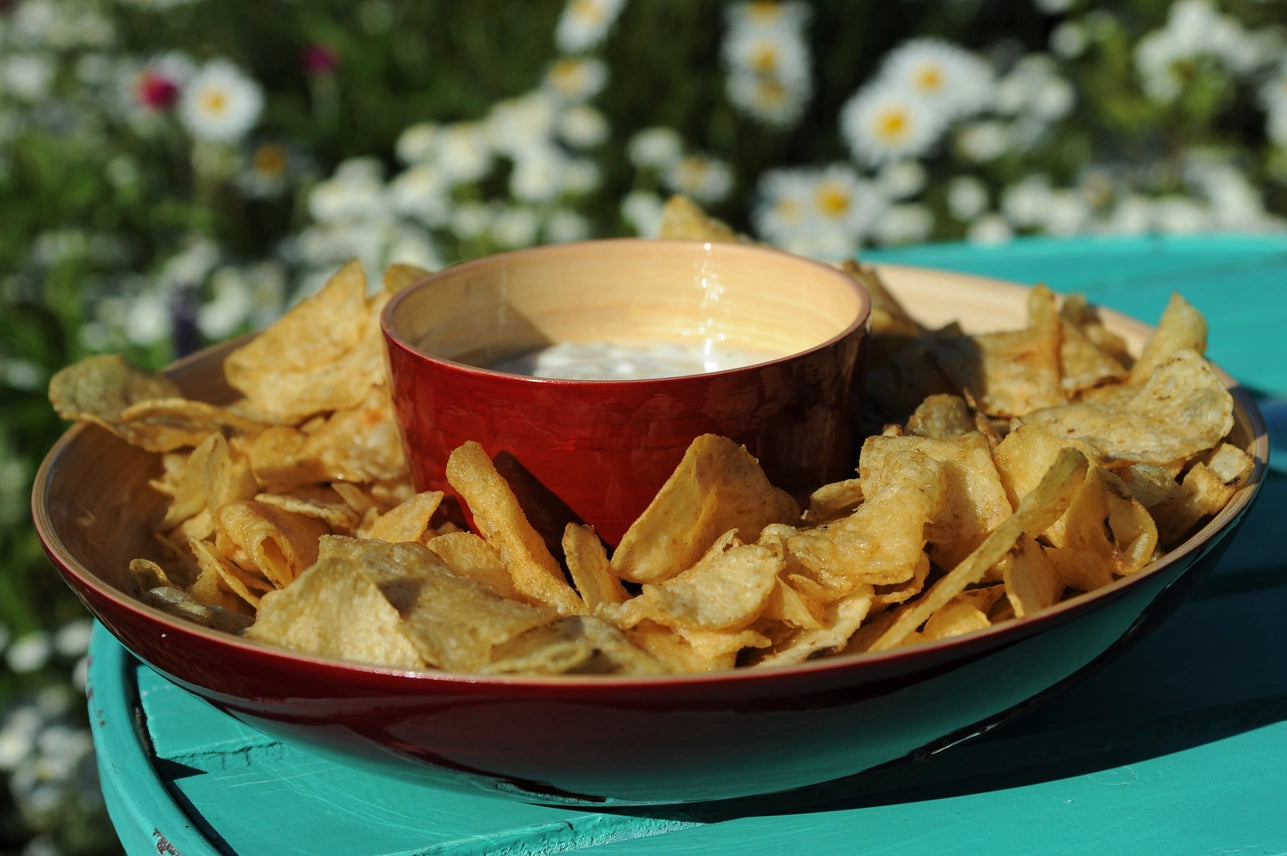 Red bowl with chips on a green surface with flowers in the background