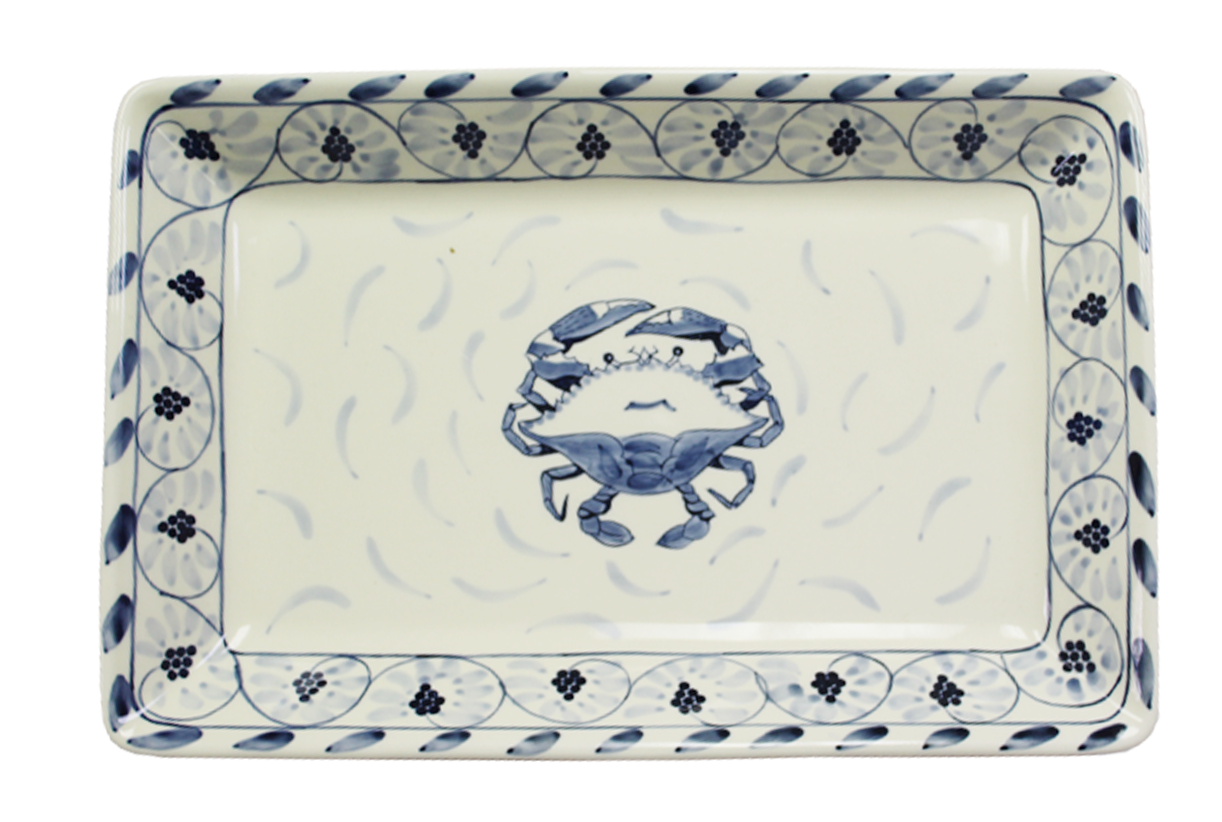 Rectangular ceramic tray with blue crab design on a white background