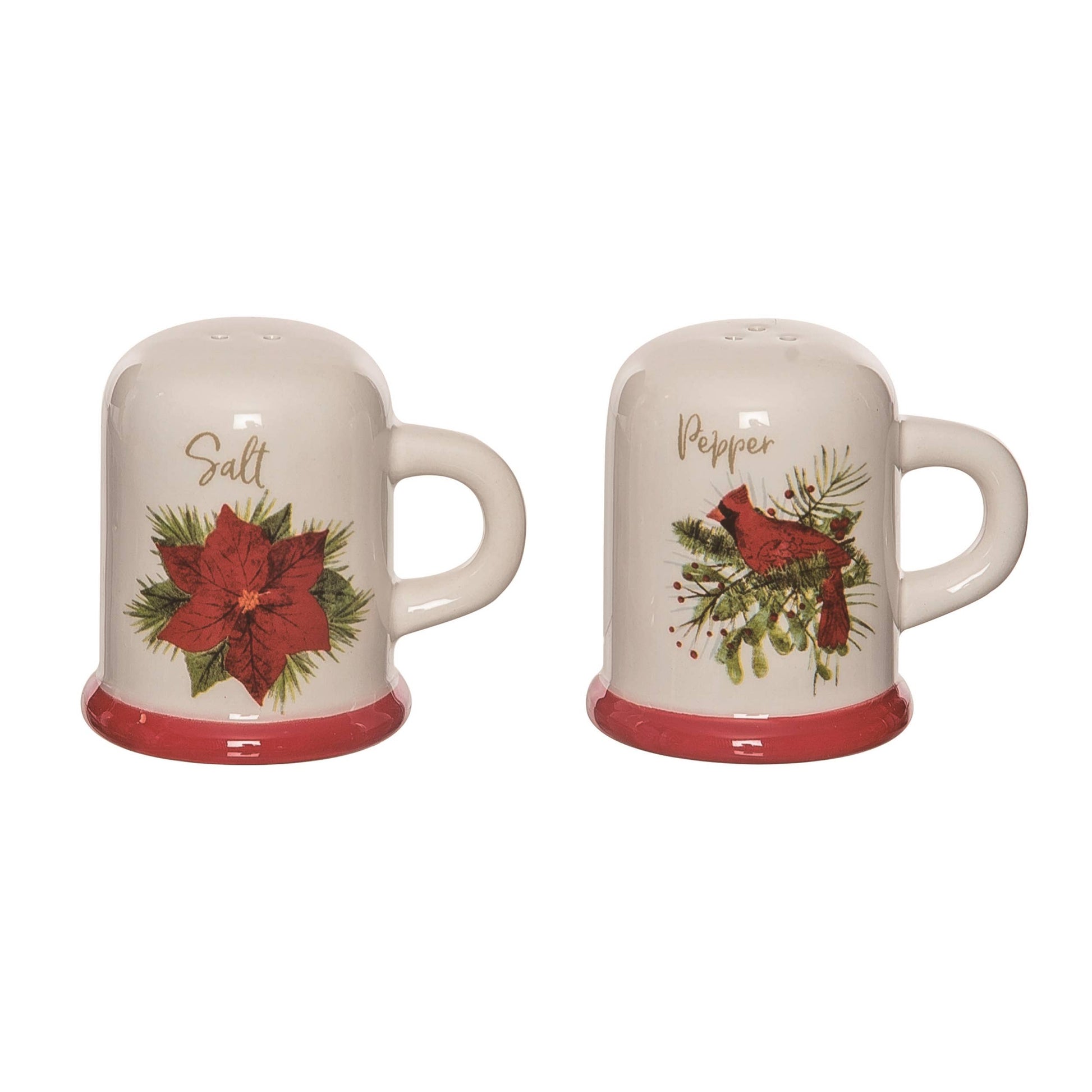 Set of Christmas-themed salt and pepper shakers on a white background