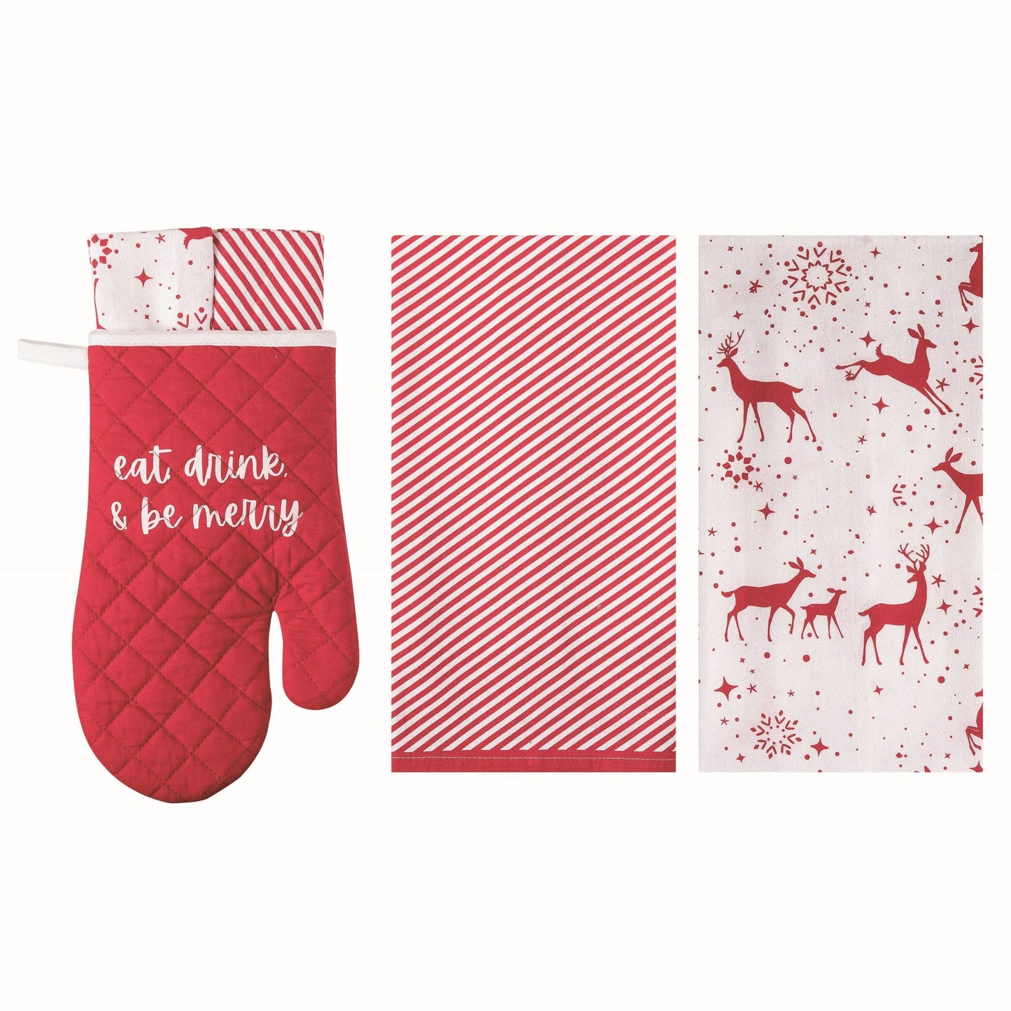 Red oven mitt and towels with Christmas designs on a white background
