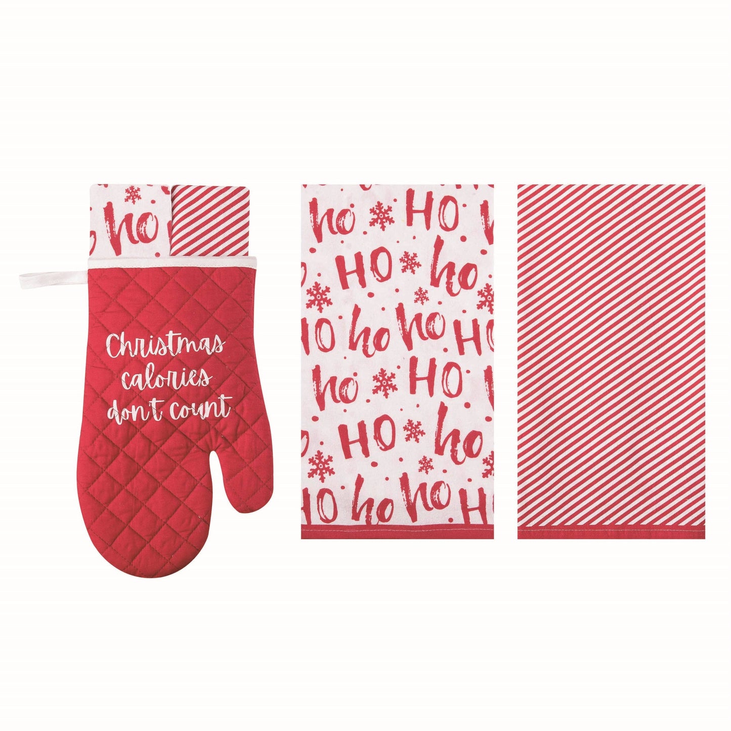 Red and white kitchen set with oven mitt, towel, and napkin featuring Christmas-themed designs.