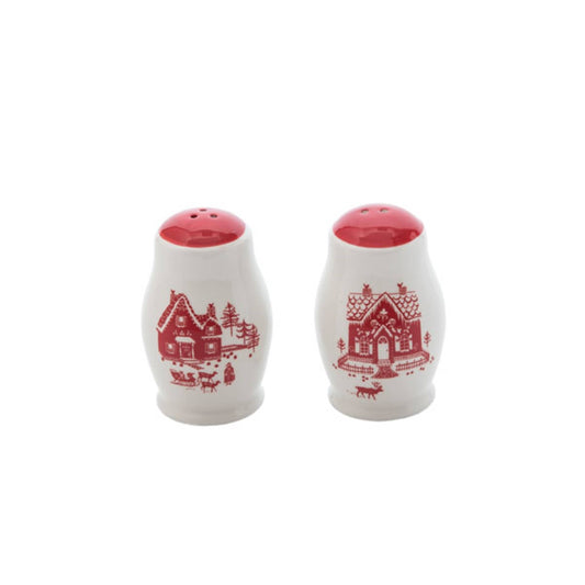 Two white salt and pepper shakers with red house designs on a white background