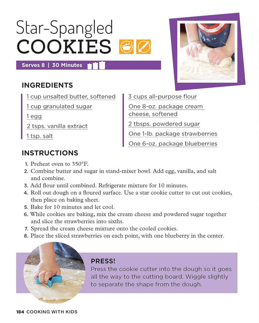 Recipe card for Star-Spangled Cookies with ingredients and instructions.