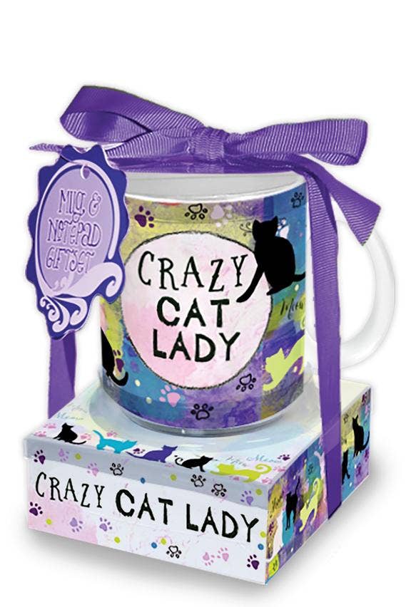 Crazy Cat Lady mug with decorative box and ribbon on a white background