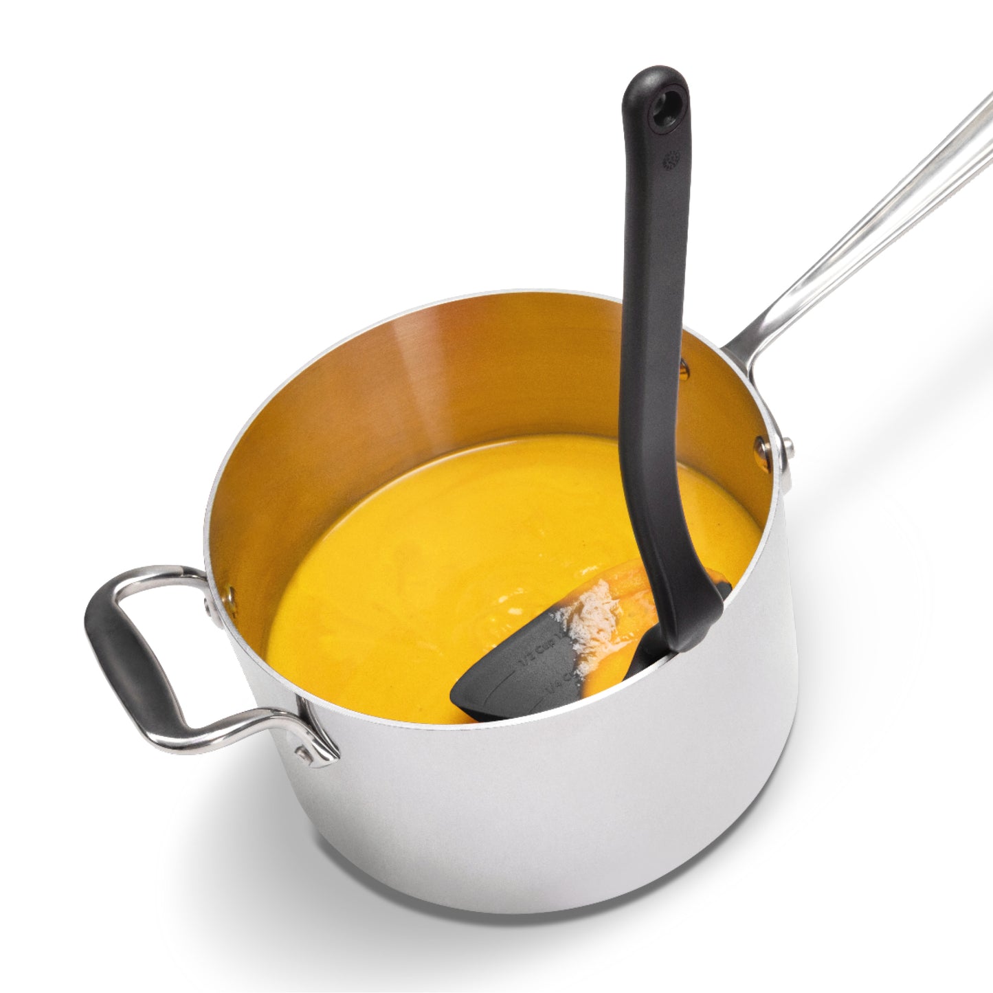 Stainless steel pot with black handle and spatula on a white background