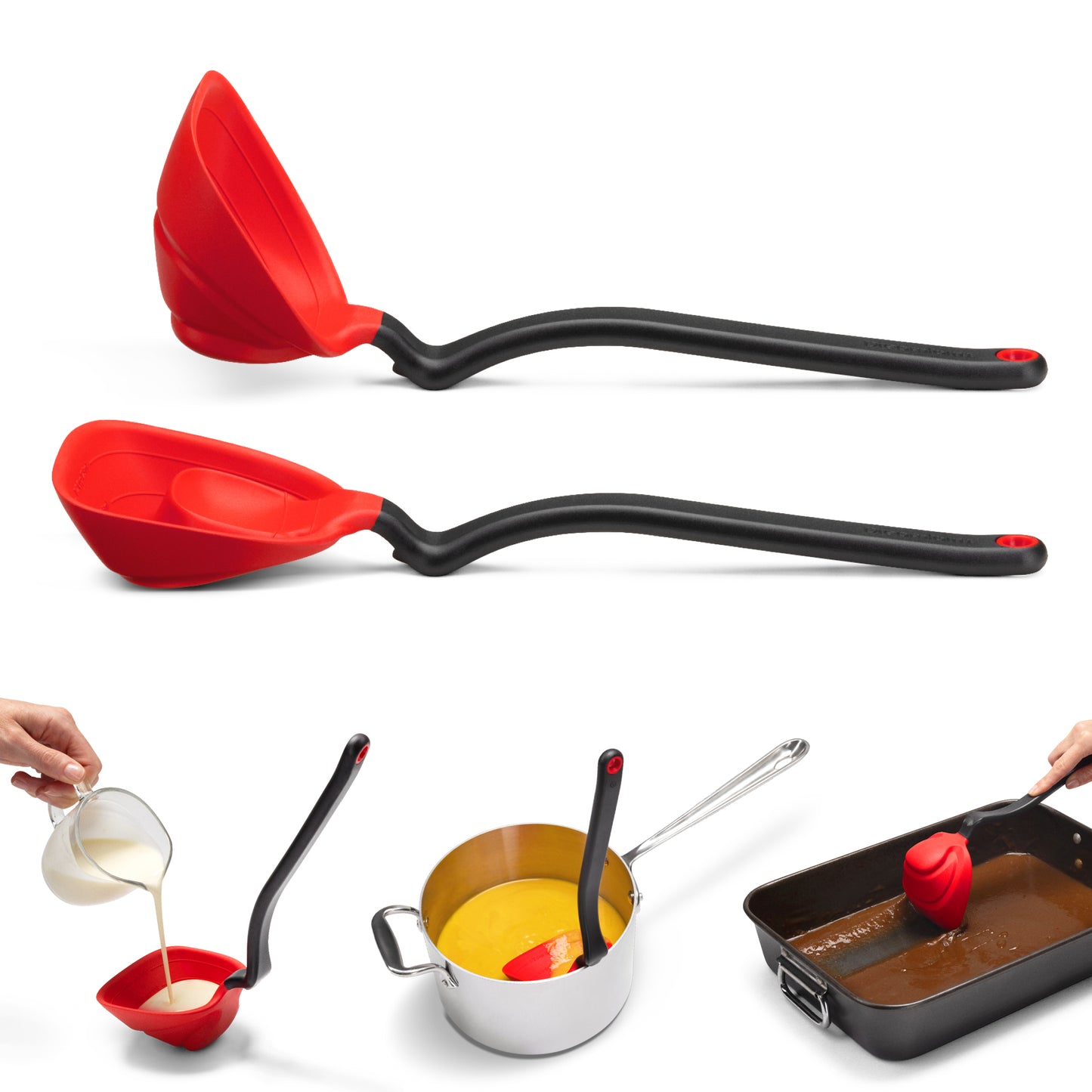 Red ladle with black handle on a white background