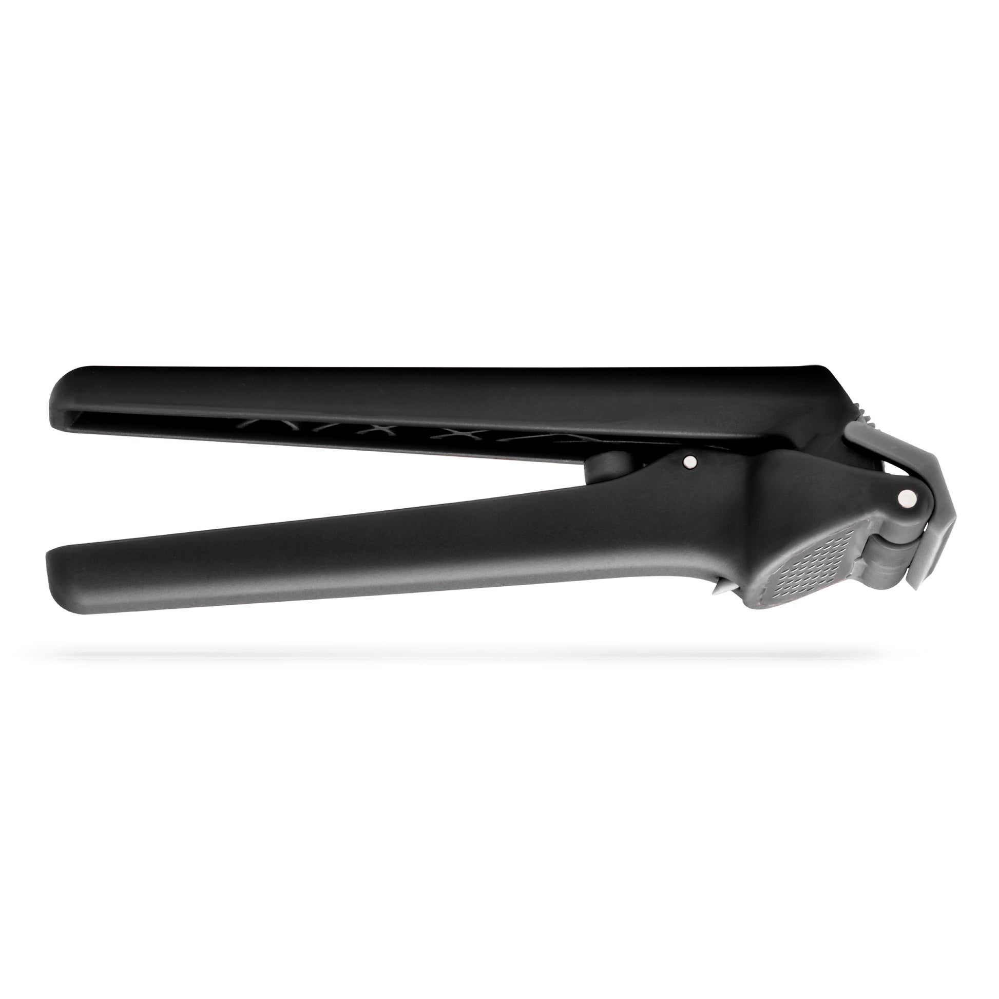 Black garlic press on a white background