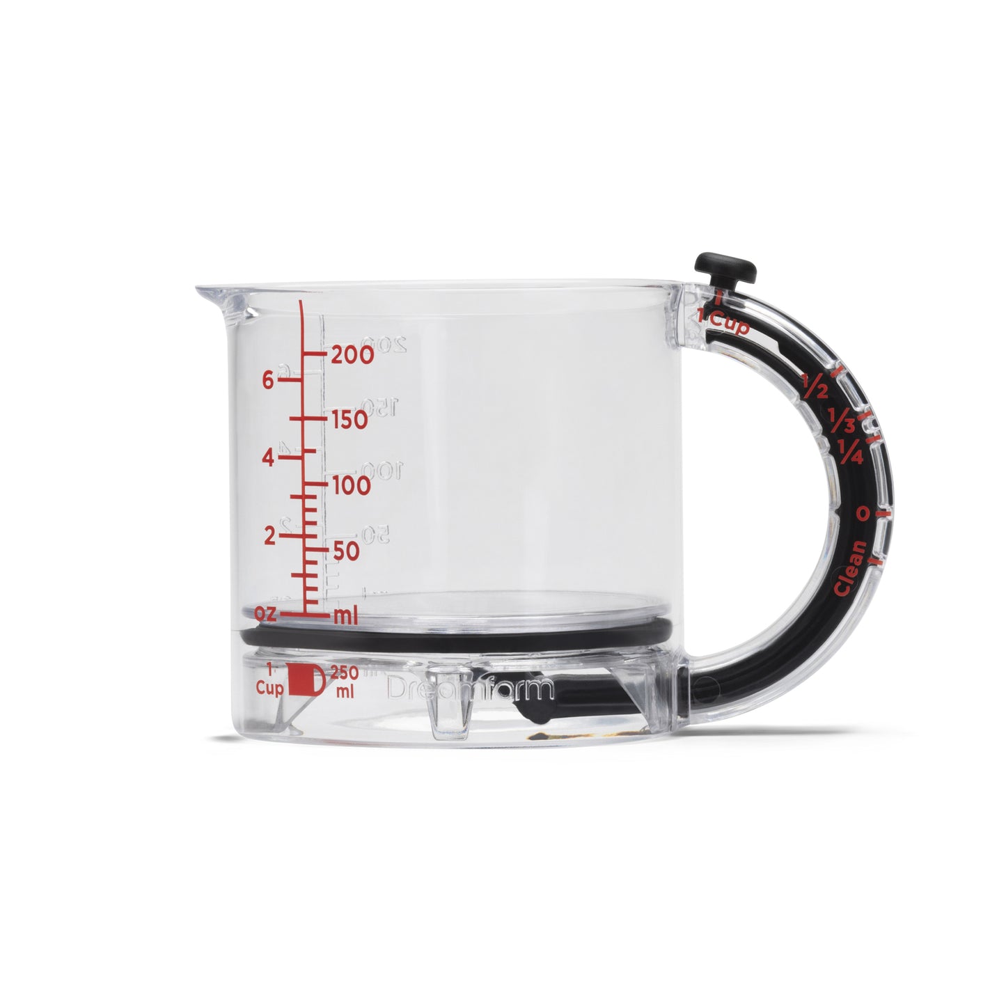 Clear measuring cup with black handle and red measurement markings on a white background