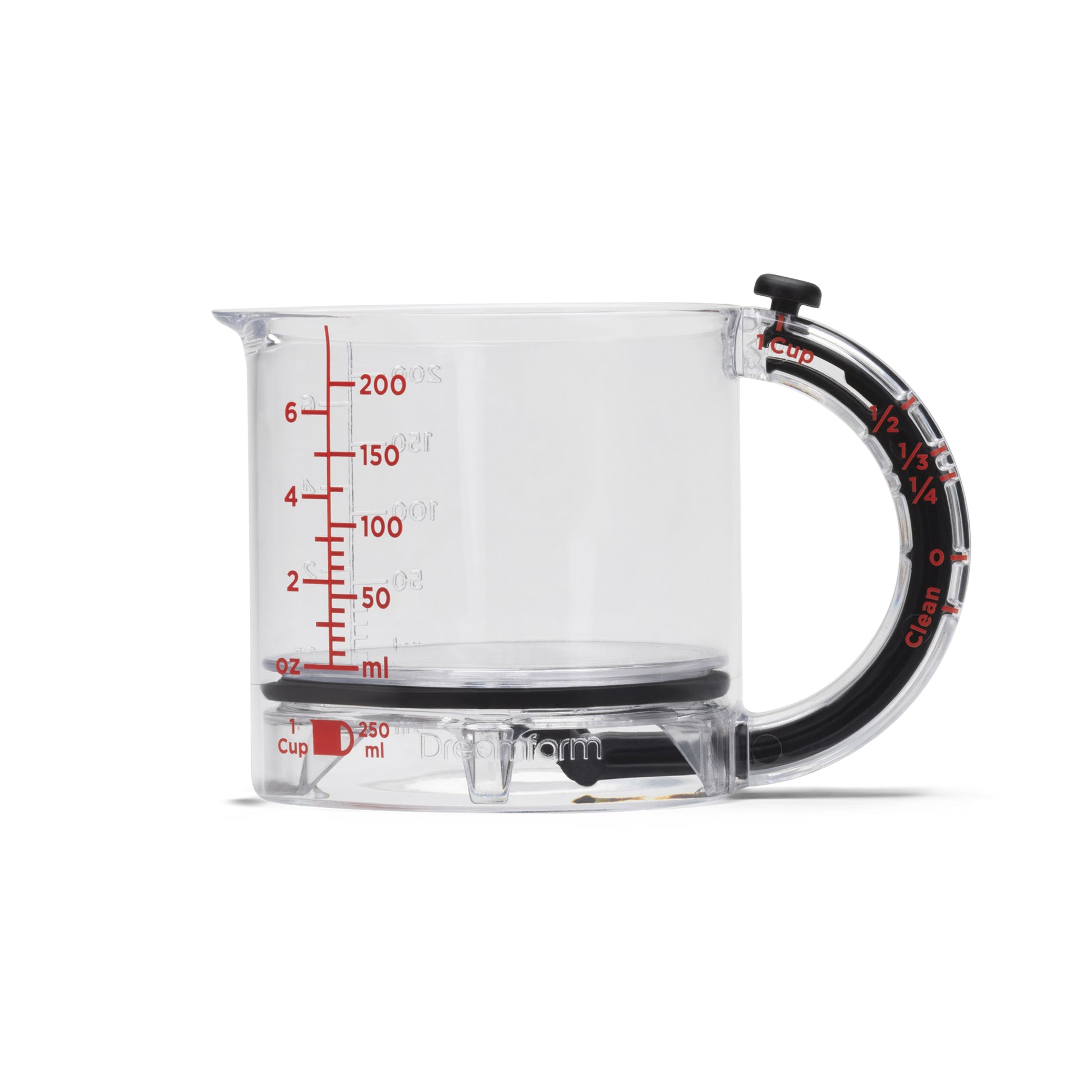 Clear measuring cup with black handle and red measurement markings on a white background