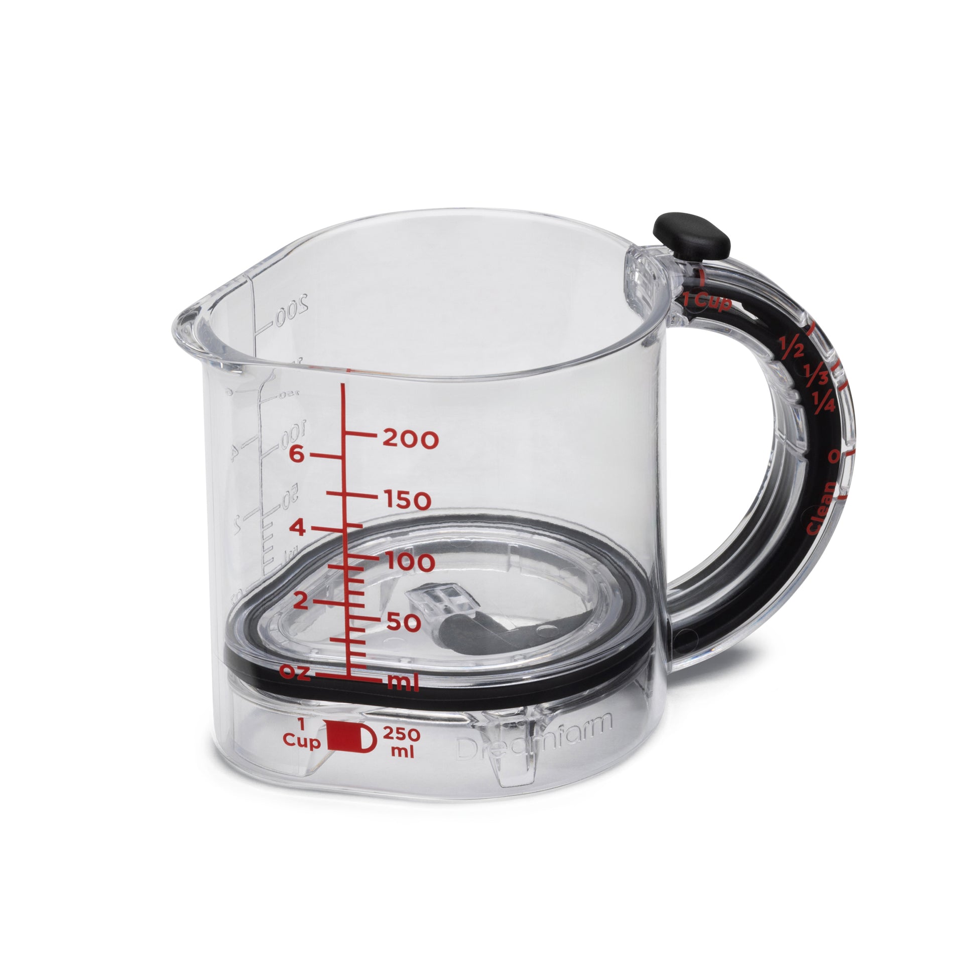 Clear measuring cup with black handle and red measurement markings on a white background