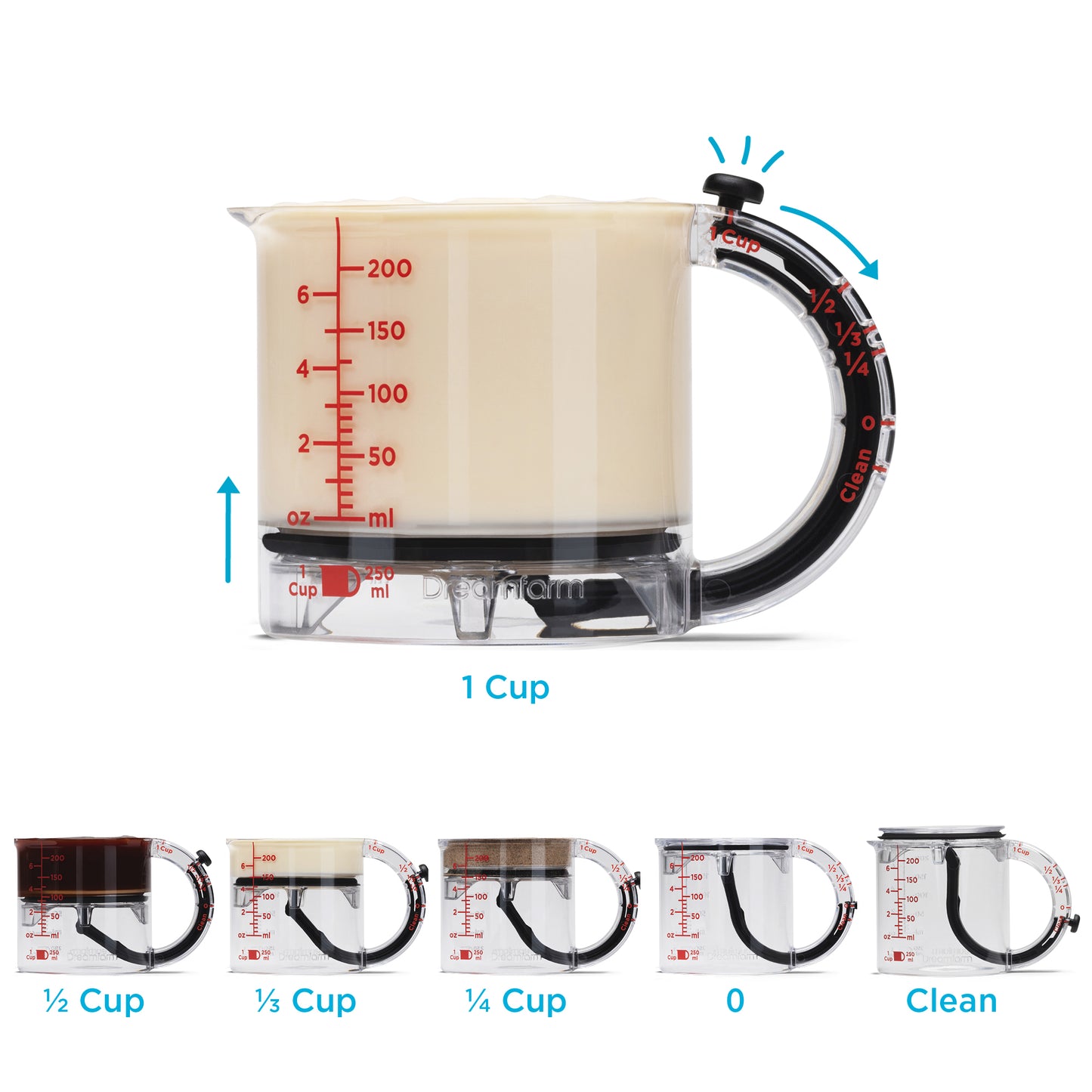 Measurement cup with liquid and scale markings on a white background