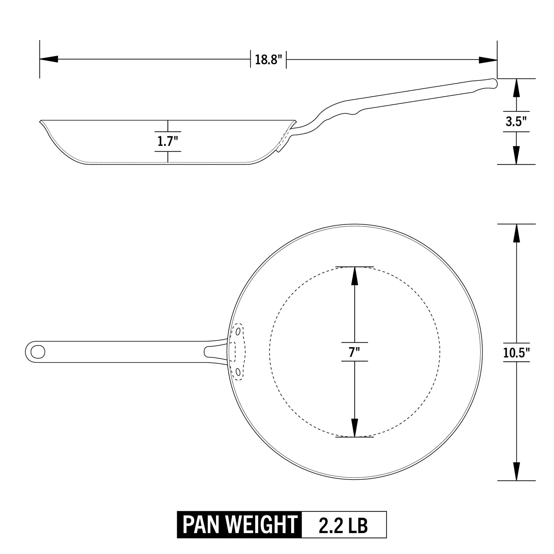 Technical drawing of a frying pan with dimensions and weight indicated
