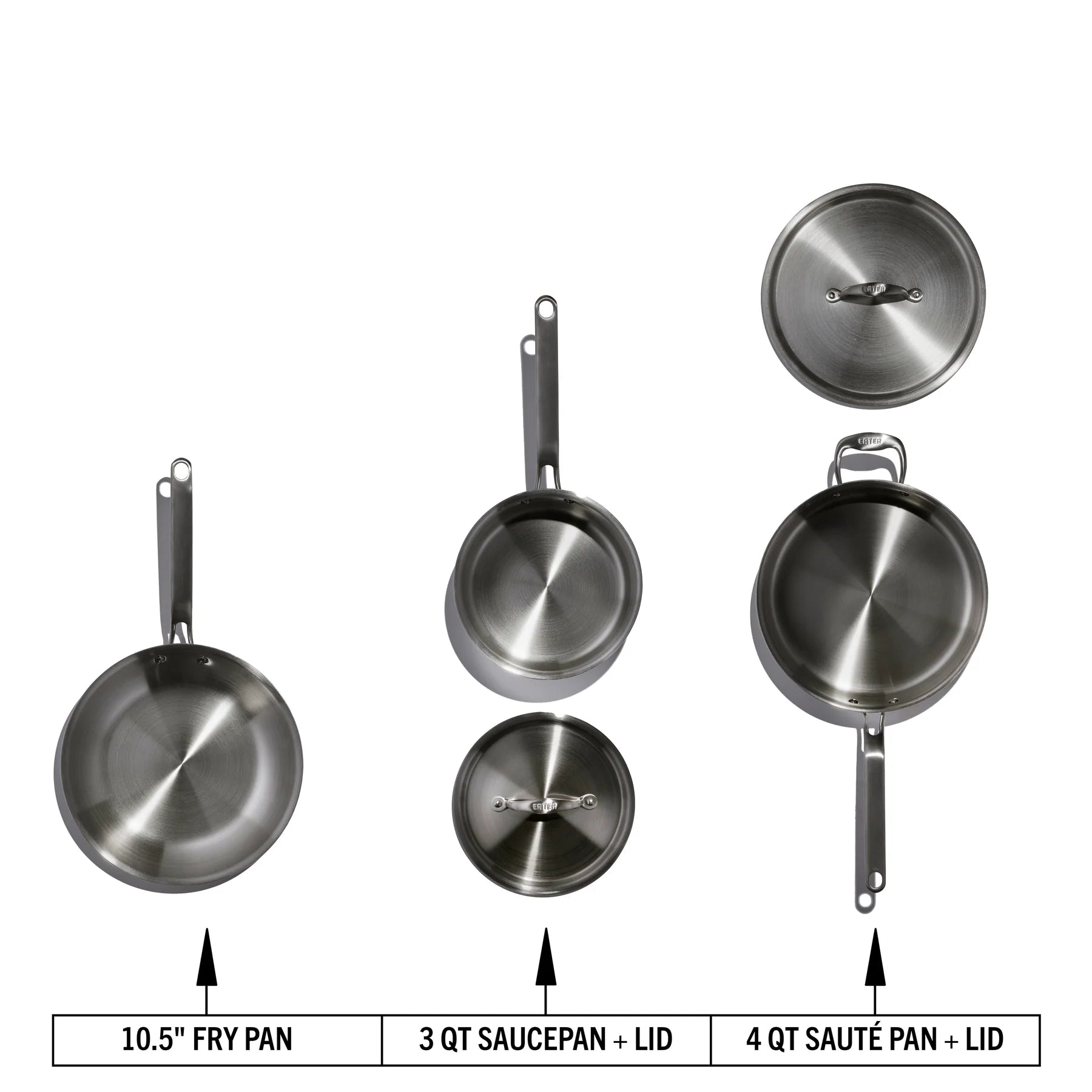 Set of stainless steel cookware including a fry pan, saucepan with lid, and saute pan with lid on a white background.