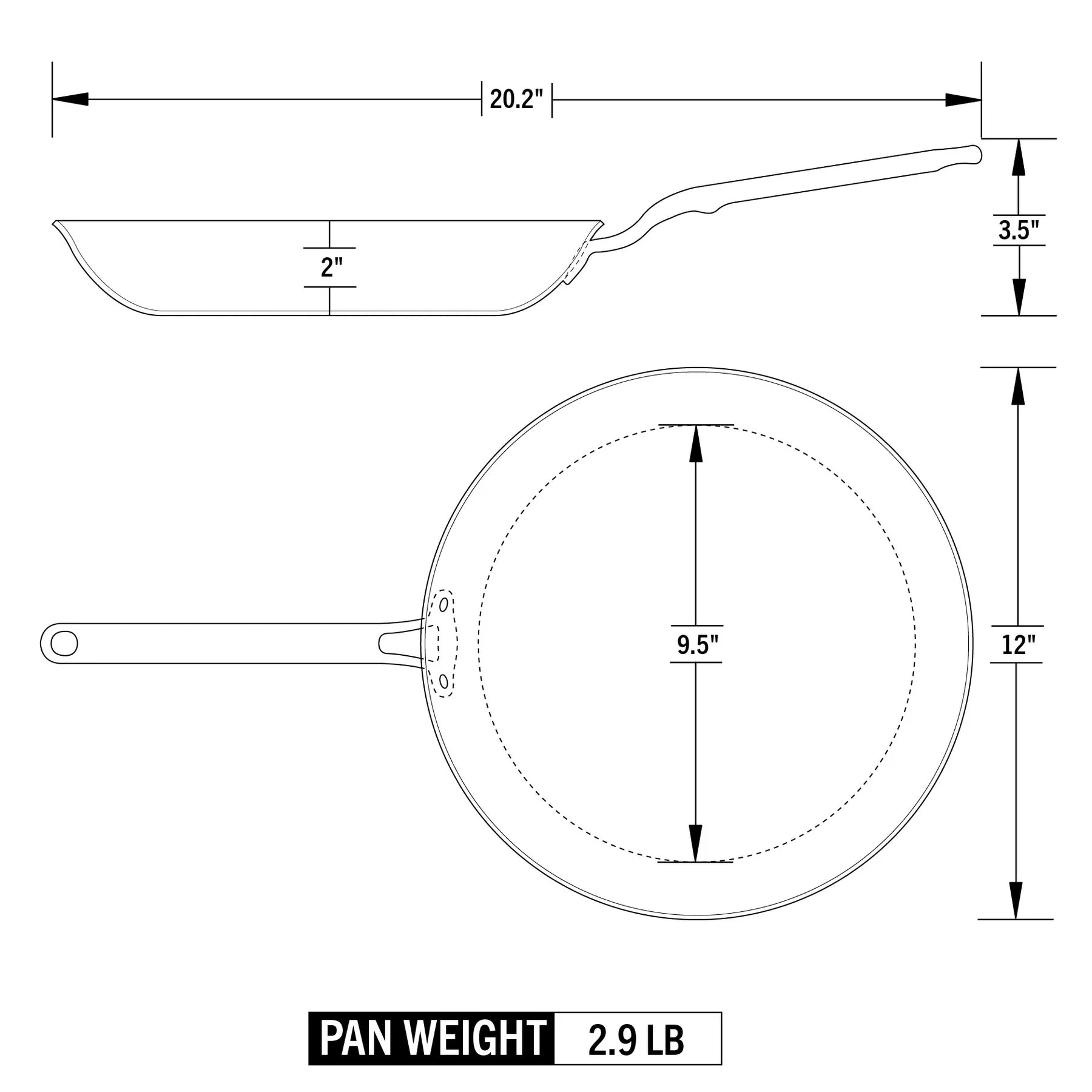 Technical drawing of a frying pan with dimensions and weight indicated