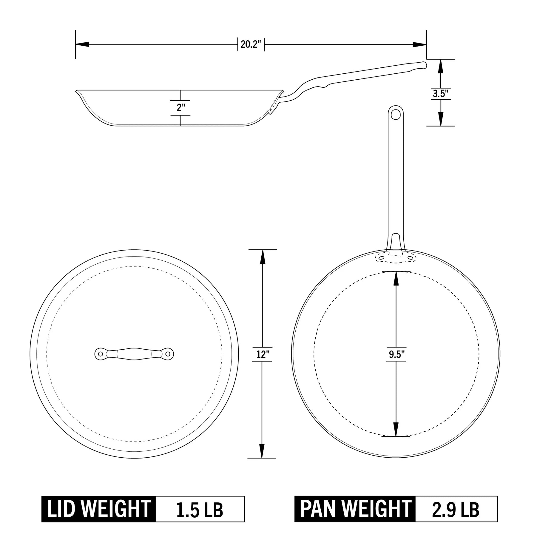 Technical drawing of a frying pan with measurements and weights labeled
