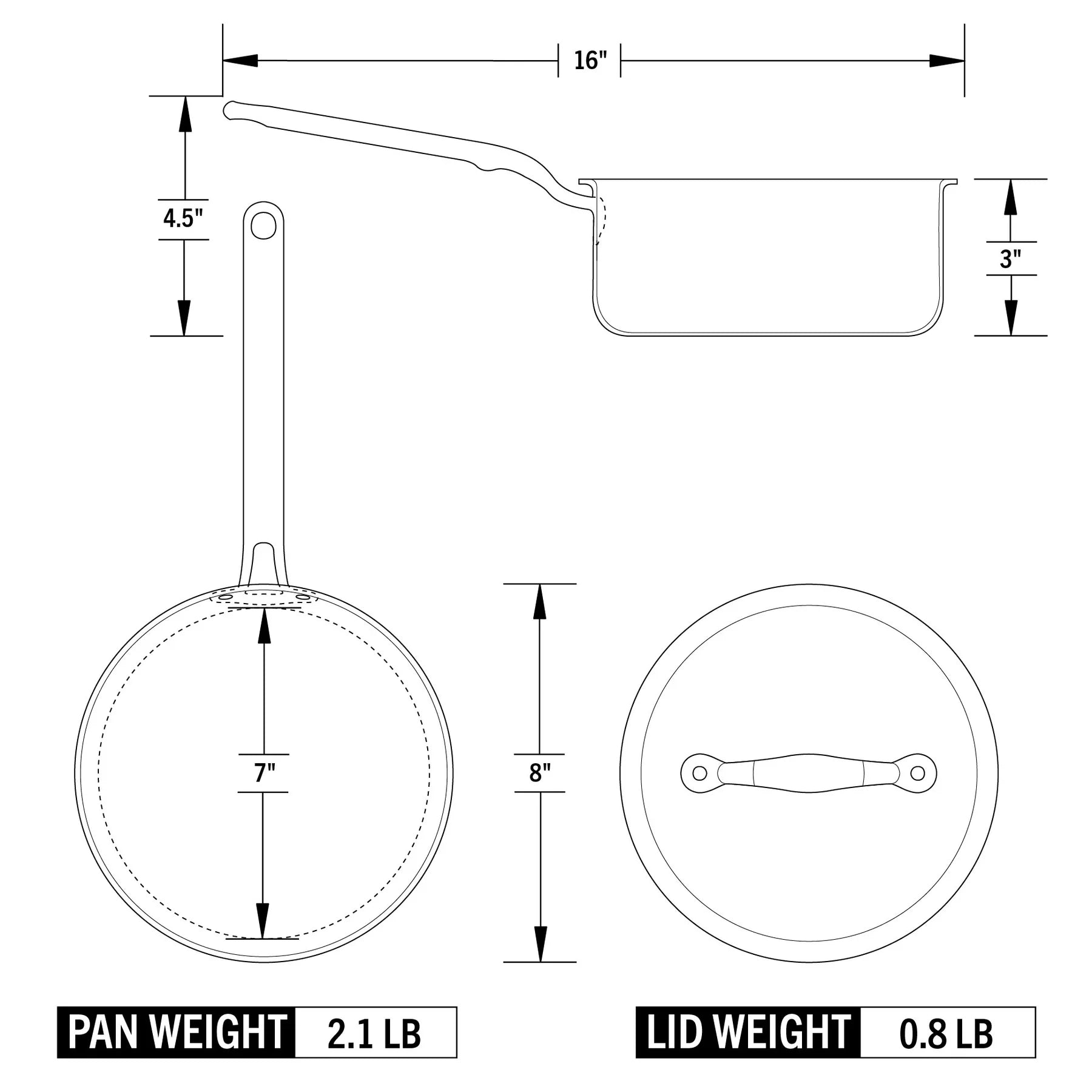 Technical drawing of a sauce pan with dimensions and weights labeled