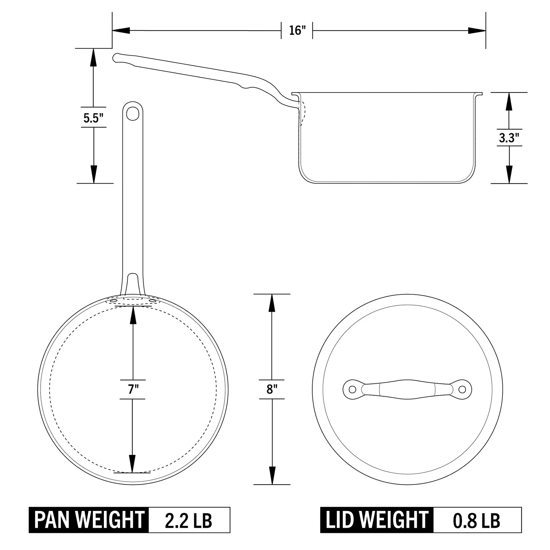 Technical drawing of a sauce
 pan with measurements and weights labeled