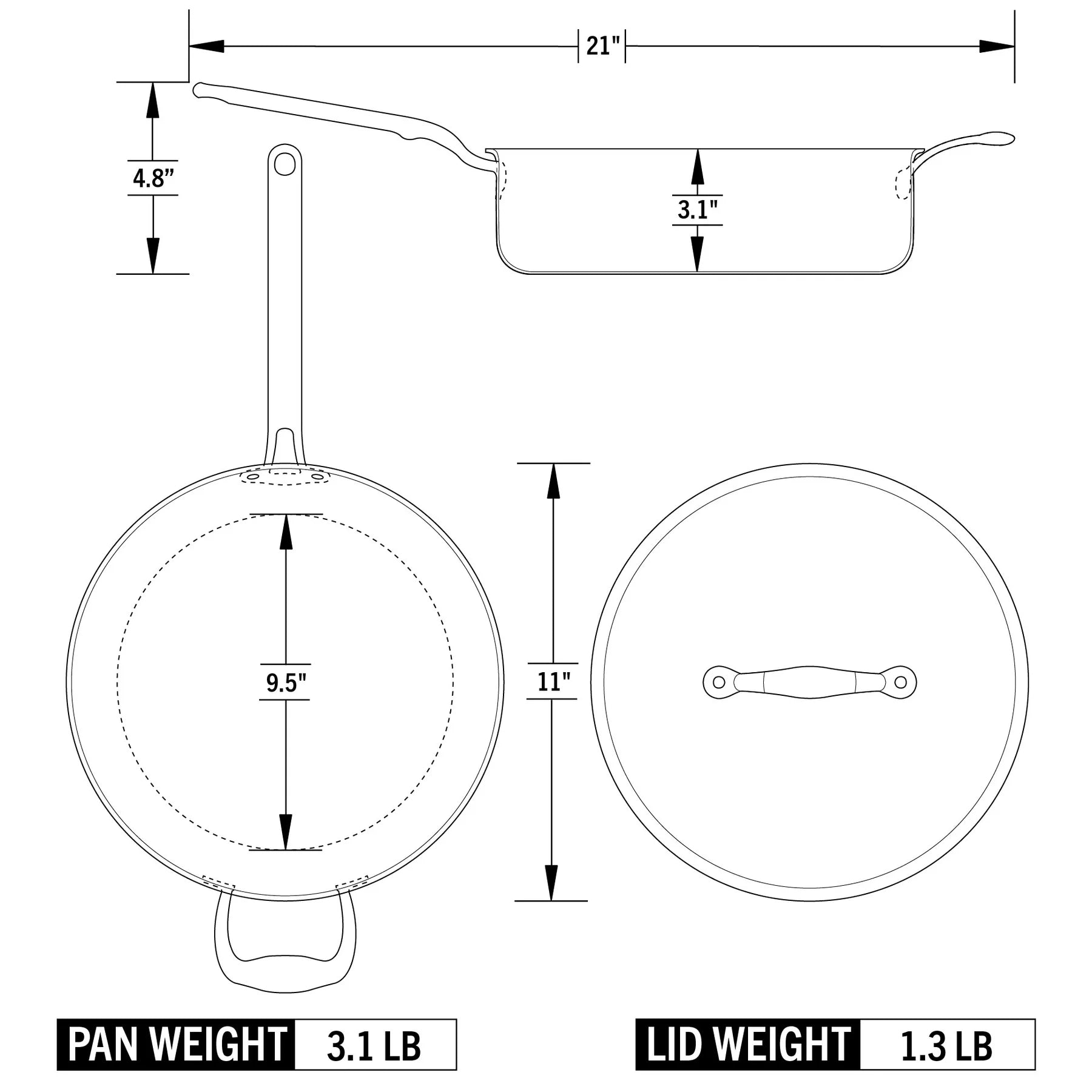 Technical drawing of a saute 
 pan with measurements and weights on a white background