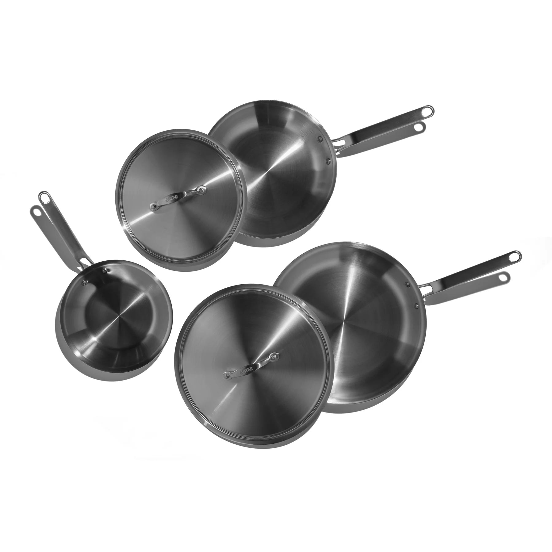 Set of stainless steel cookware including pots and lids on a white background