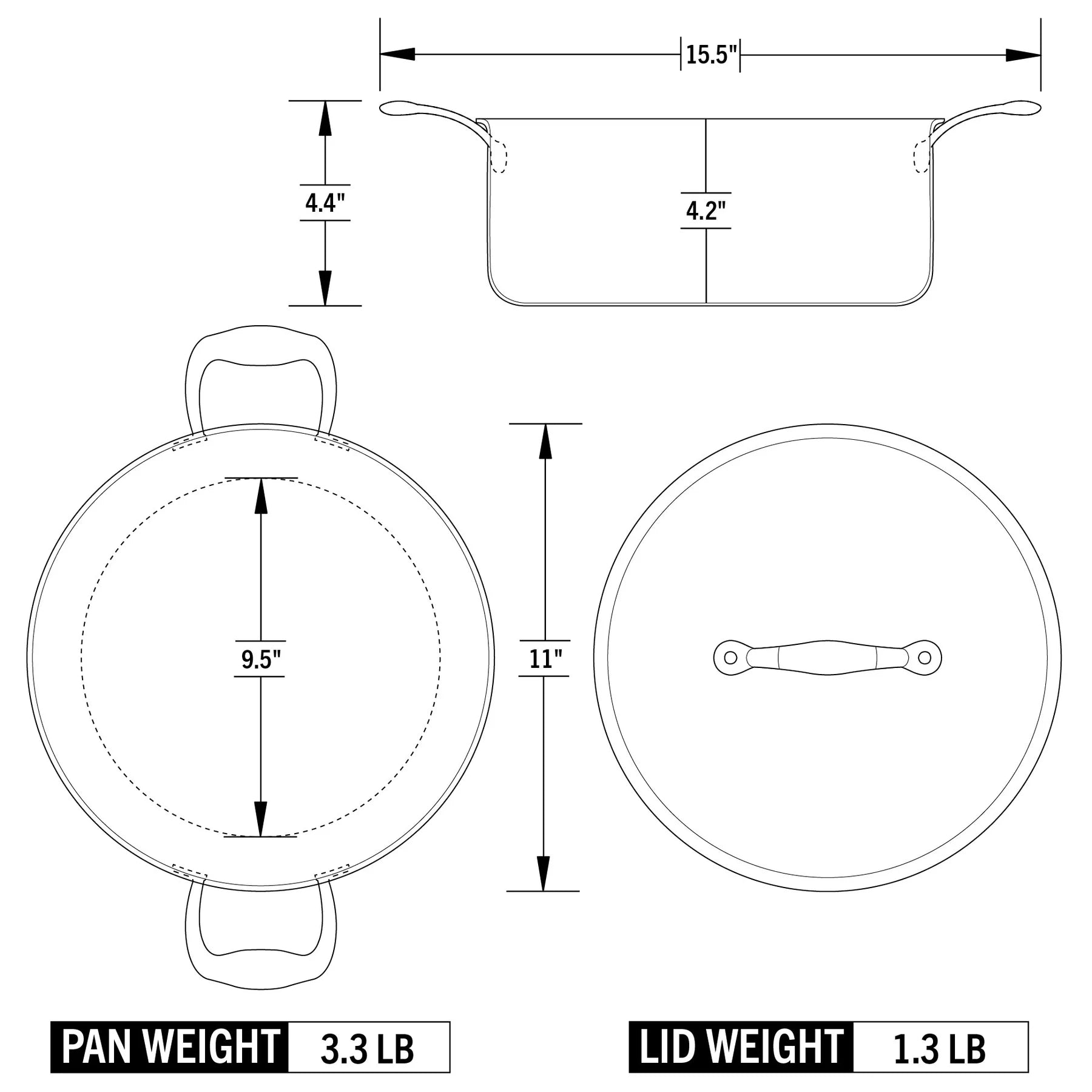 Technical drawing of a saute pan with measurements and weights labeled
