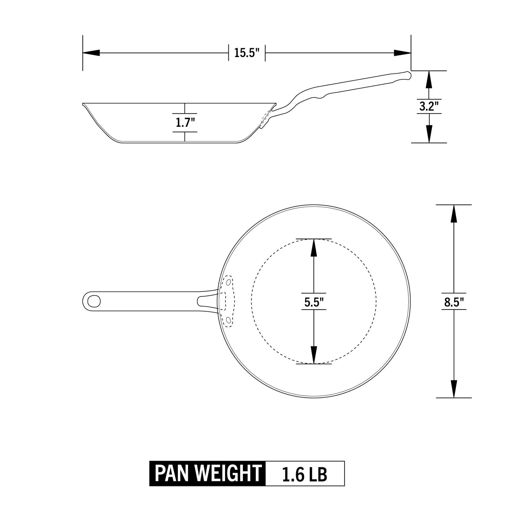 Technical drawing of a frying pan with dimensions and weight label on a white background