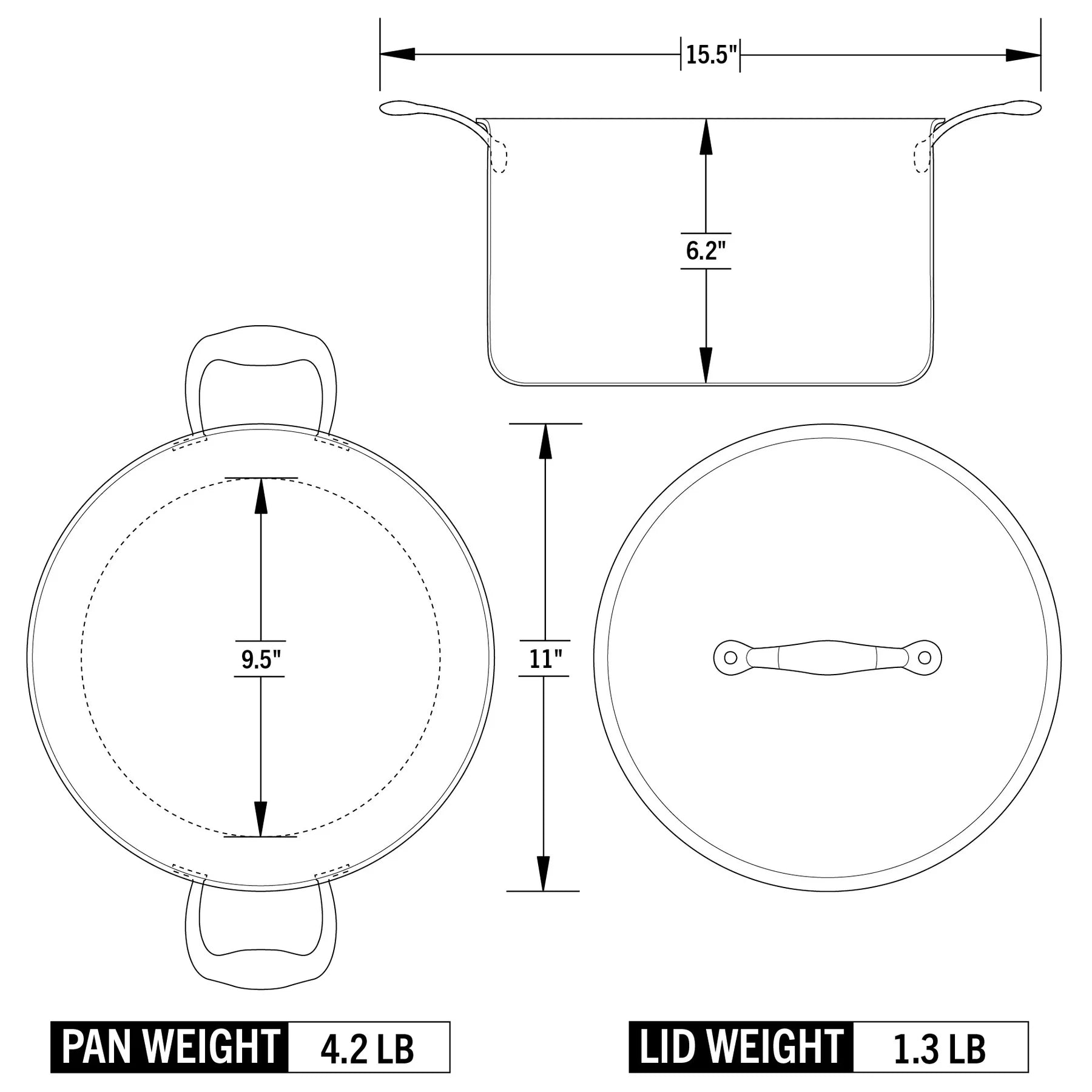 Technical drawing of a  pan with dimensions and weights labeled