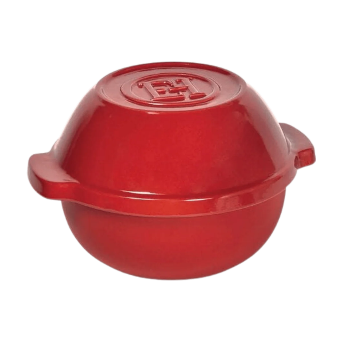 Red round bread baker with a lid on a white background