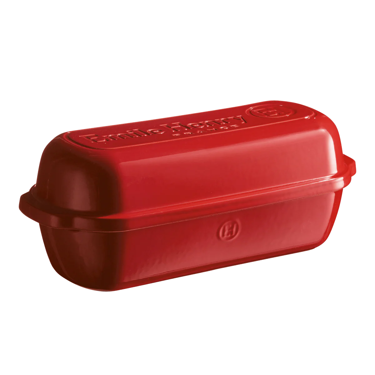 Red bread loaf pan with brand logo on a white background