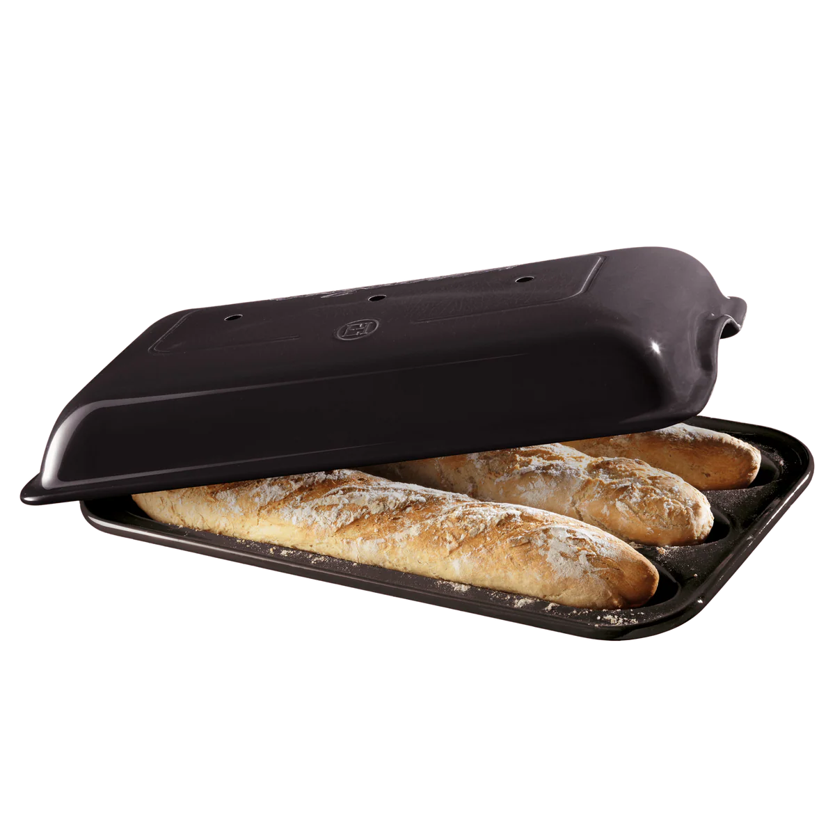 Black bread toaster with three baguettes inside on a white background