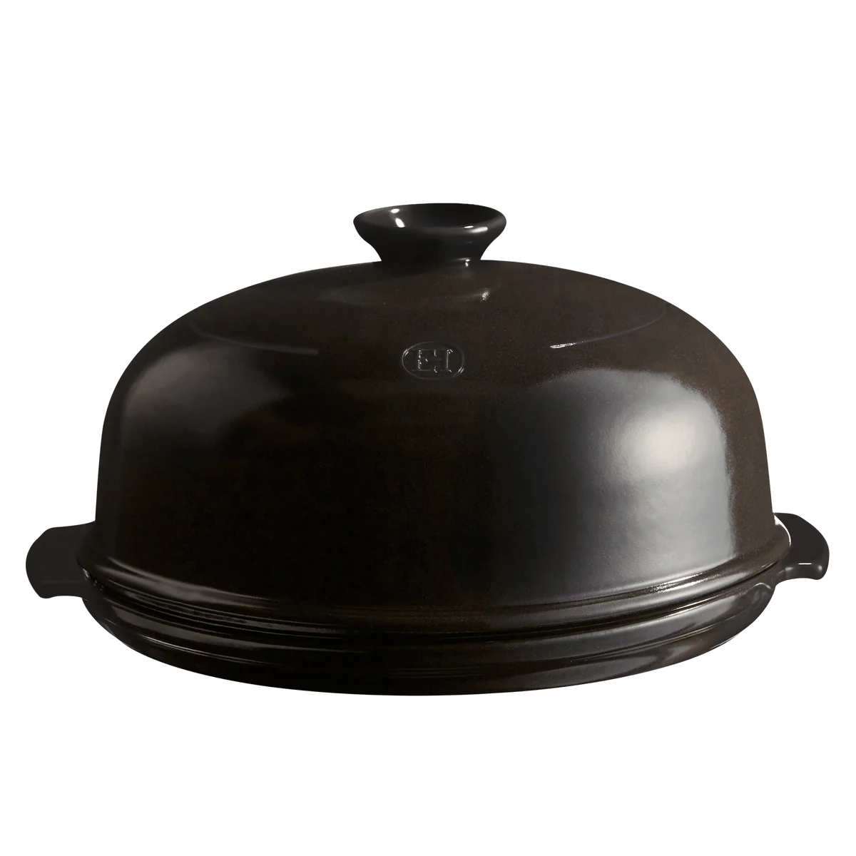 Black ceramic bread cloche with lid on a white background