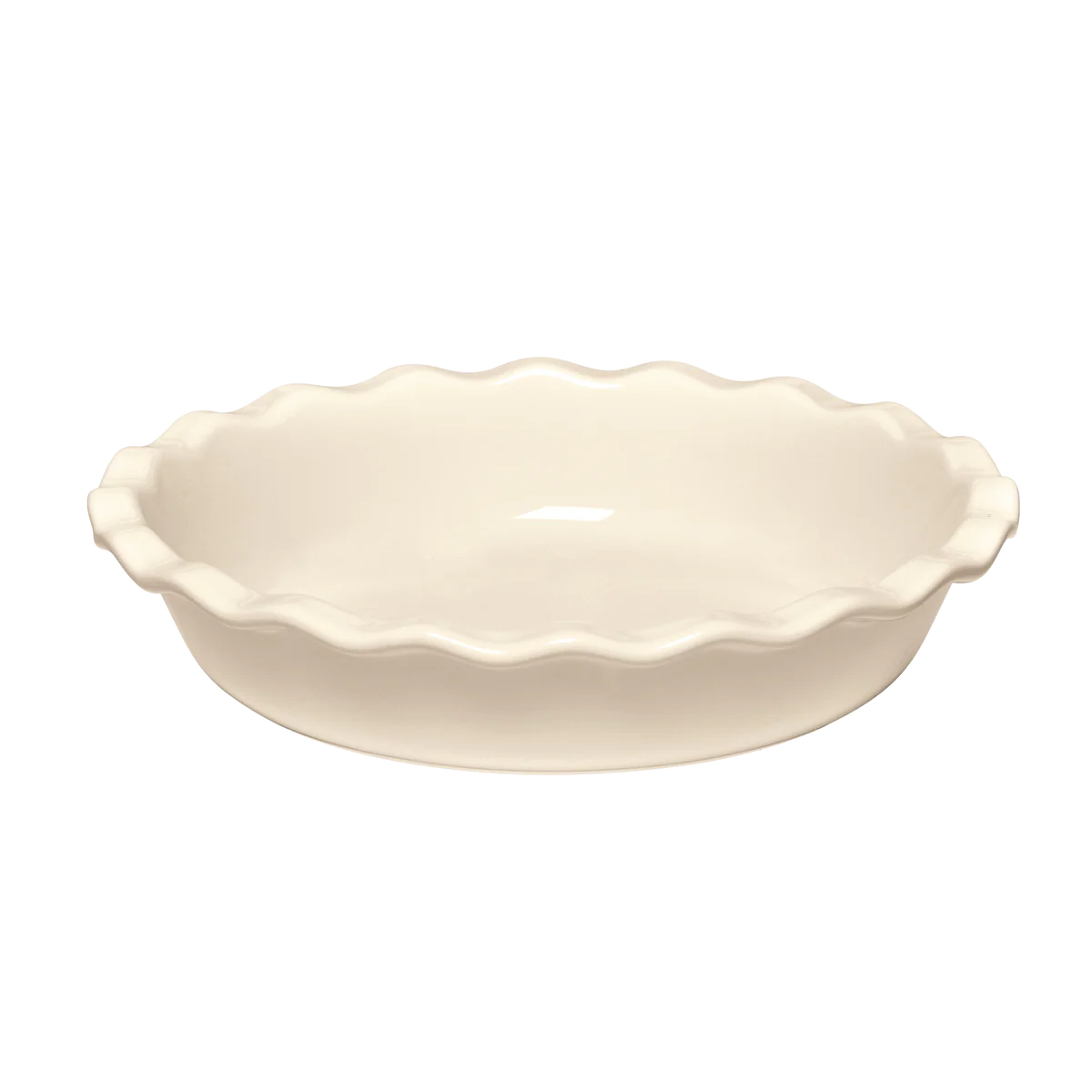 Clay ceramic pie dish with scalloped edge on a white background