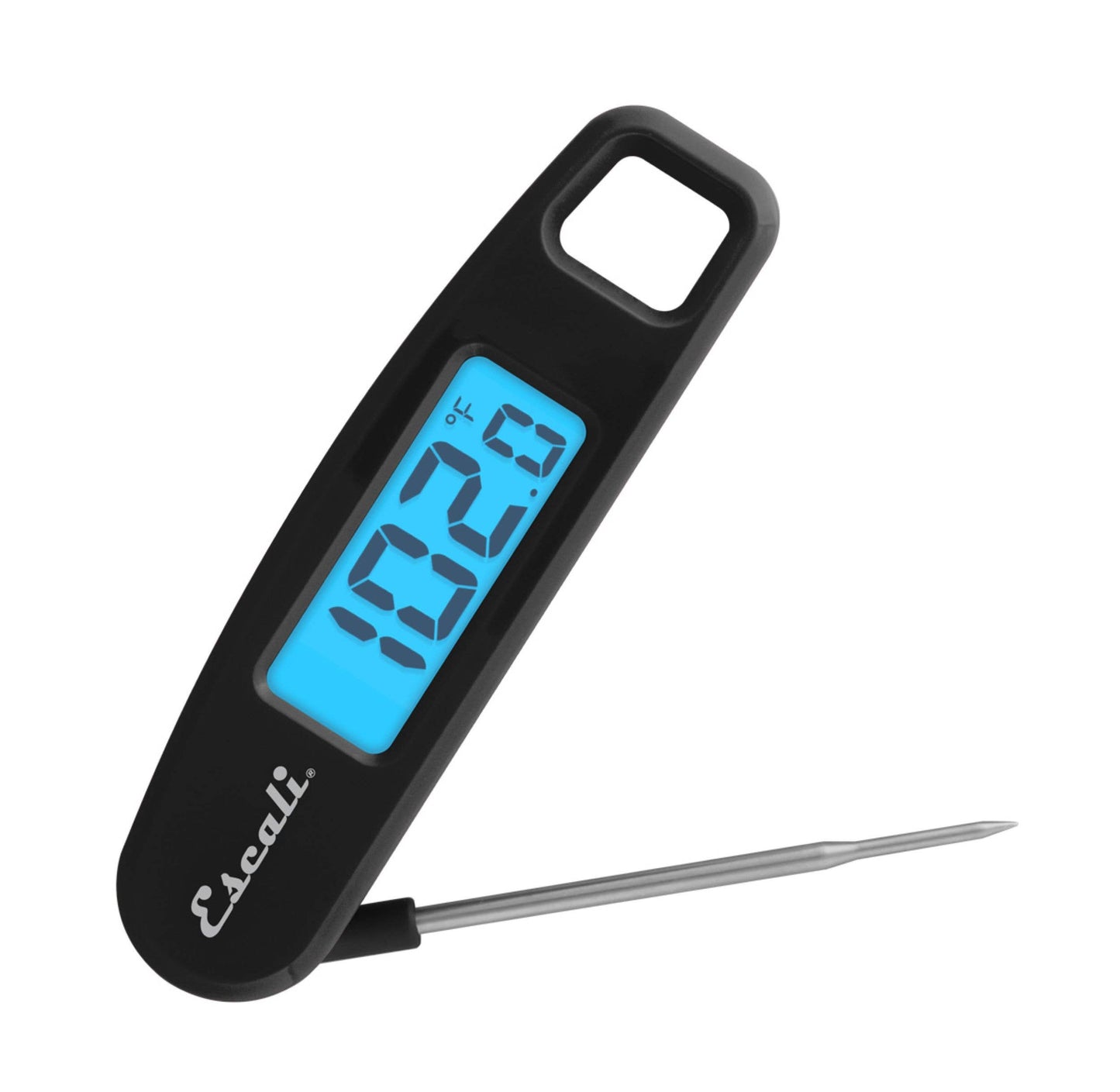 Digital thermometer with blue display and black casing on a white background