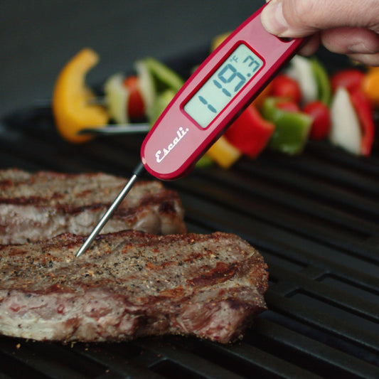 Digital thermometer reading 119.3°C being used to check the temperature of a steak on a grill with vegetables in the background.