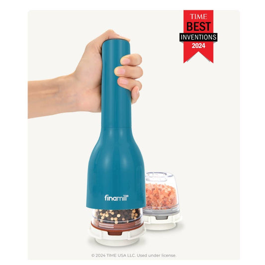 Blue pepper grinder held by a hand with 'TIME' Best Inventions 2024' badge and 'finamill' branding.