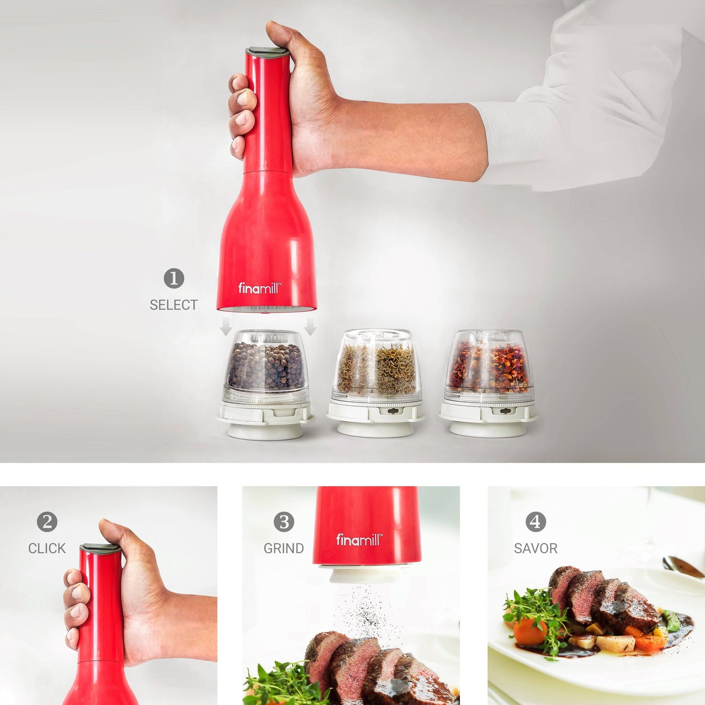 Red pepper grinder with labeled steps for use, displayed with food and a person holding it.