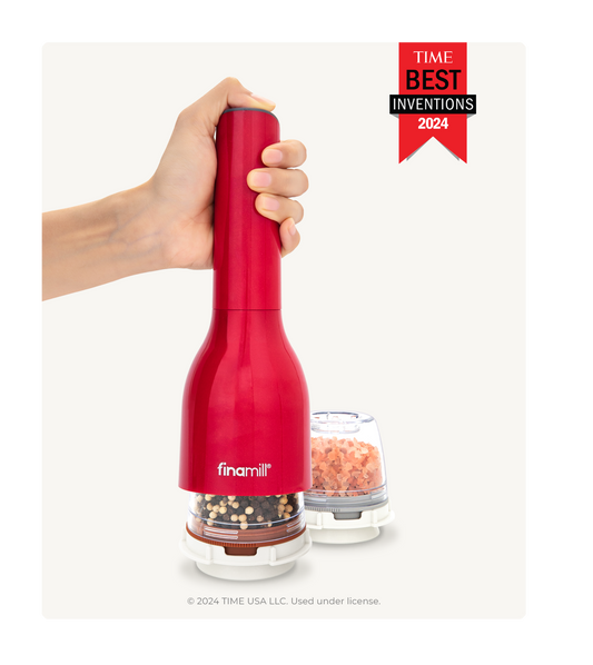 Red pepper grinder with TIME Best Inventions 2024 award on a white background