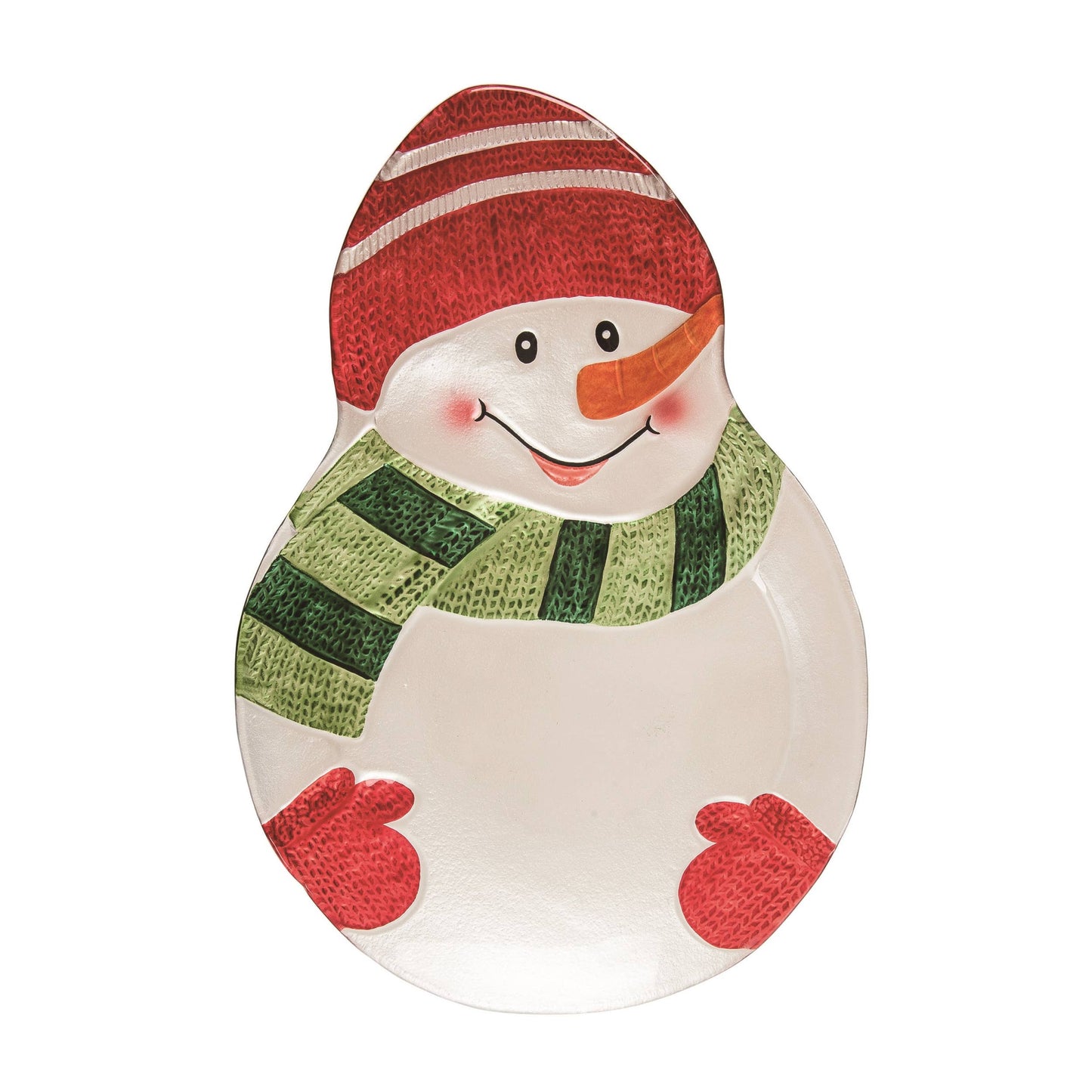 Decorative snowman plate with a red and white striped hat, green scarf, and red mittens on a white background.