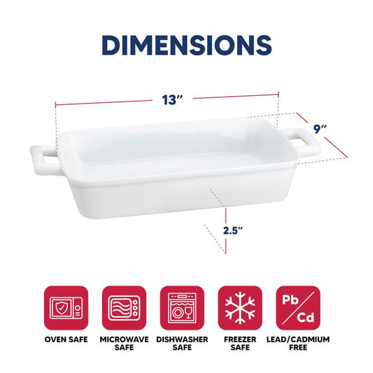 White ceramic baking dish with dimensions and safety icons on a white background