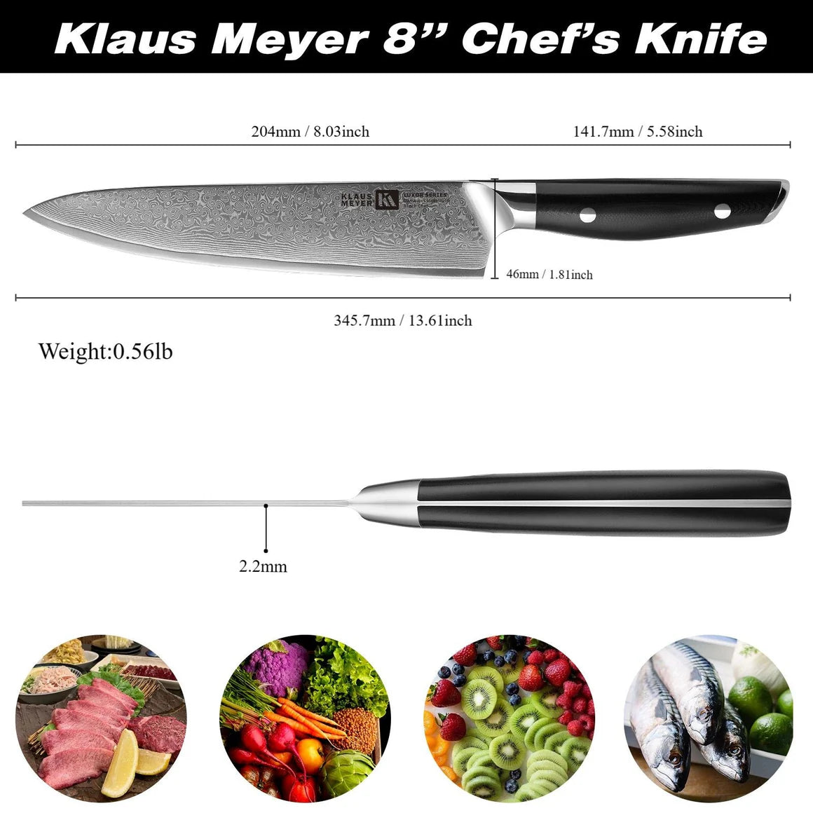 Klaus Meyer 8-inch Luxor Damascus chef's knife with measurements and uses on a white background