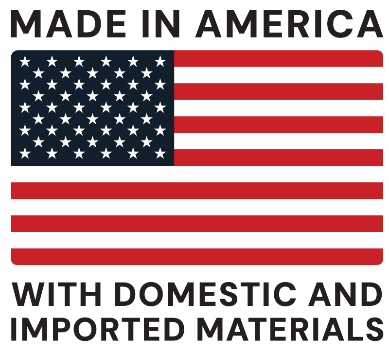 American flag with text 'Made in America with domestic and imported materials' on a white background