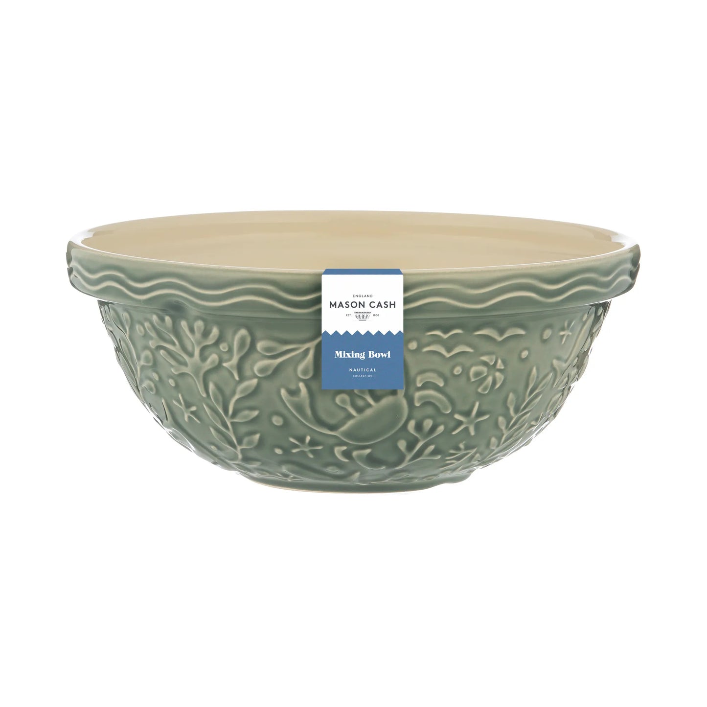 Green mixing bowl with a label on a white background