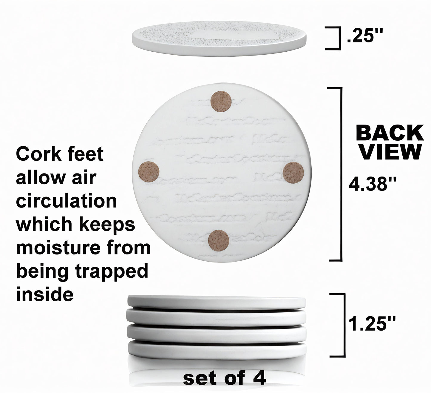 White round coasters with cork feet, set of 4, showing back view and dimensions.