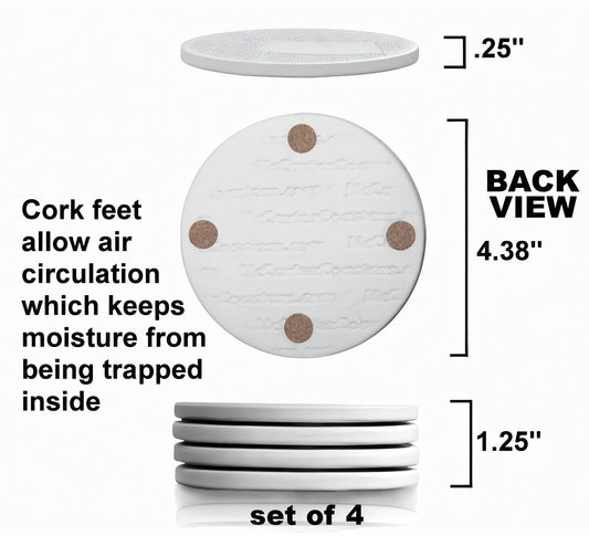 White round coasters with cork feet, set of 4, showing back view and dimensions.