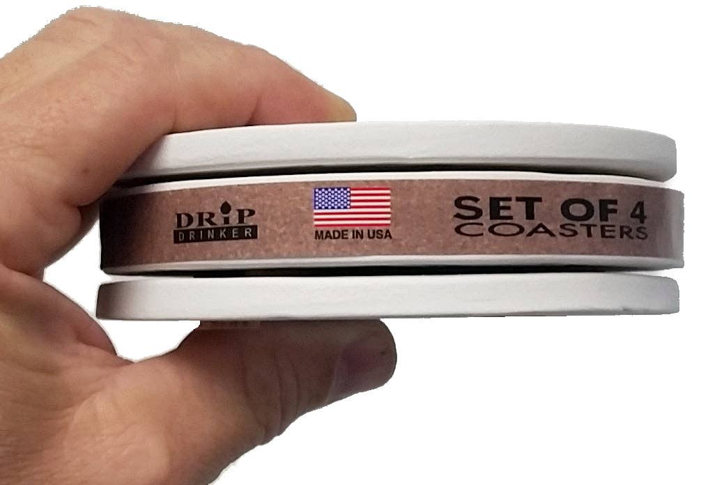 Set of 4 coasters with a hand holding them, featuring 'Drip Drinker' branding and 'Made in USA' text.