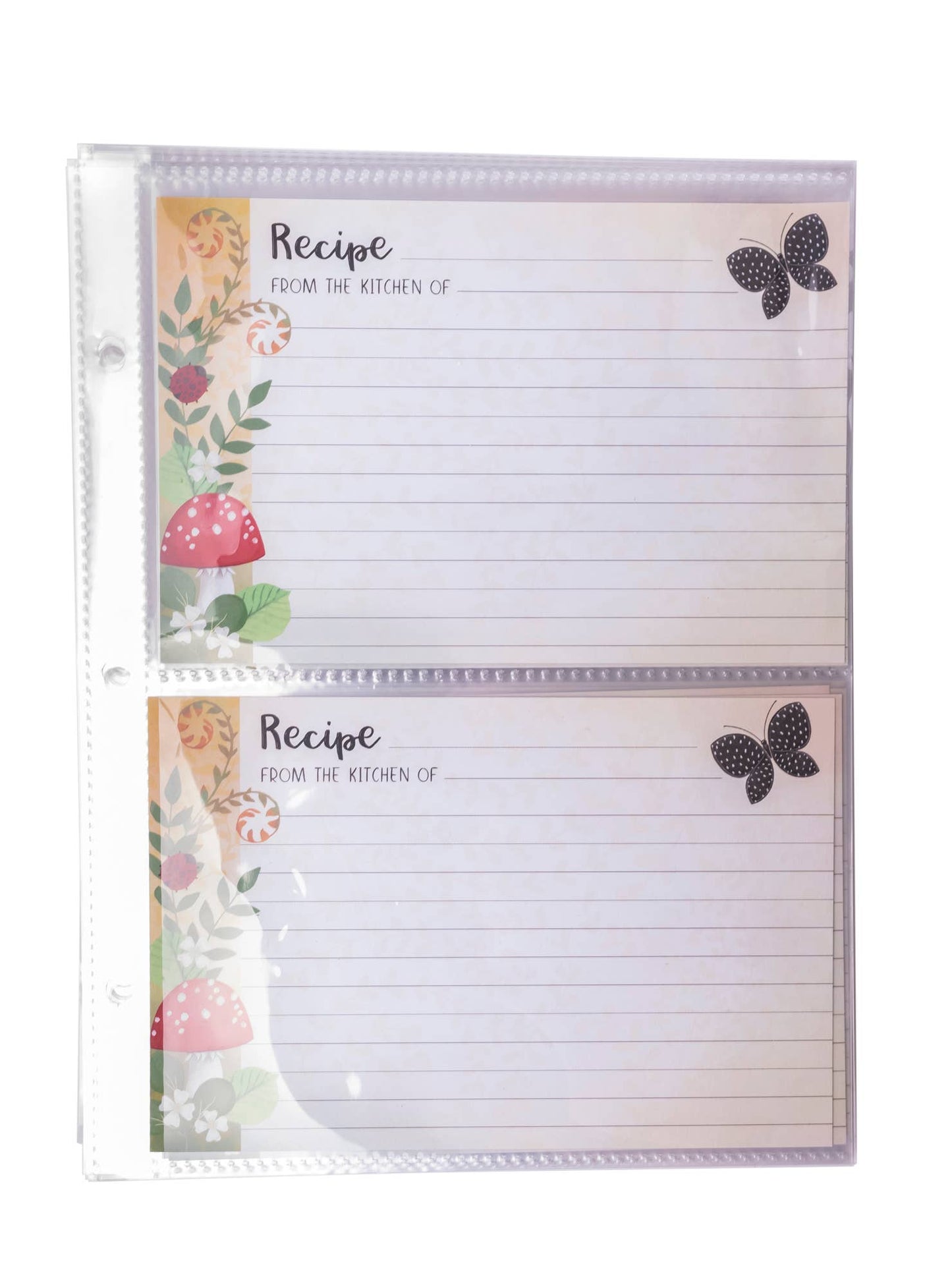 Two recipe cards with butterfly designs in a clear plastic holder on a white background