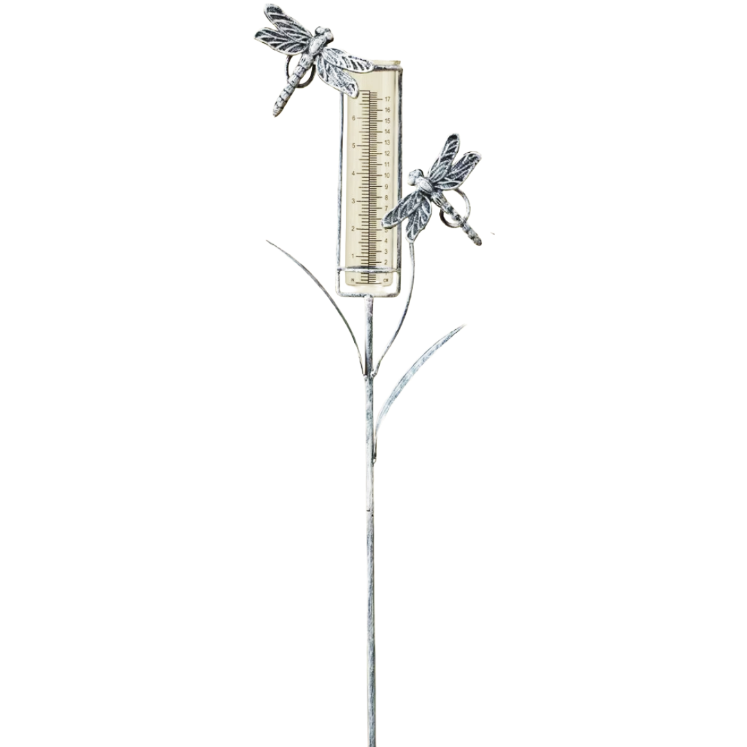 Decorative garden stake with rain gauge and dragonfly designs on a white background