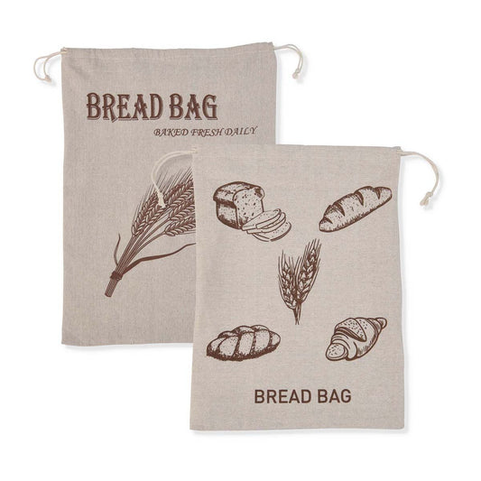 Two bread bags with illustrations of bread and wheat on a white background
