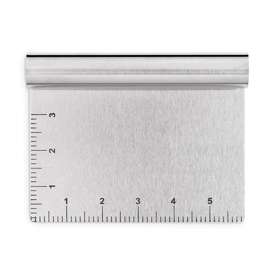 front view of dough scraper with measurements on white background